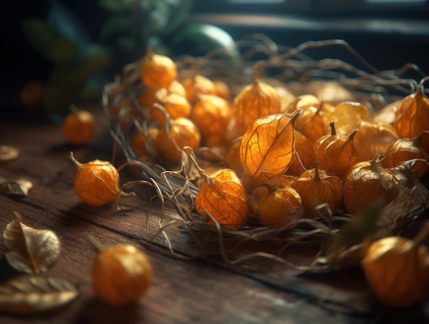 Photo beautiful organic background of freshly picked physalis created with generative ai technology