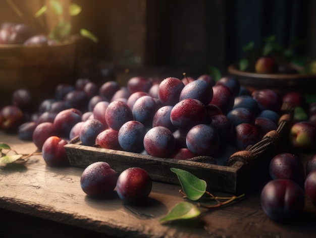 Beautiful organic background of freshly picked plum created with Generative AI technology