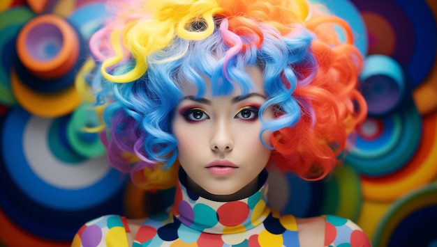 다채로운 배경 에 색 의 머리카락 을 가진 아름다운 동양인 여자