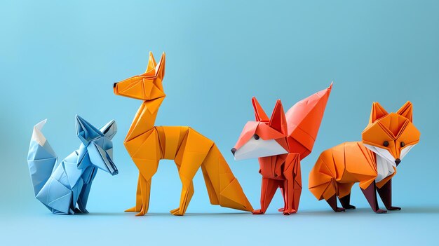 Photo a beautiful origami fox family made of paper the origami foxes are standing side by side and looking at the camera