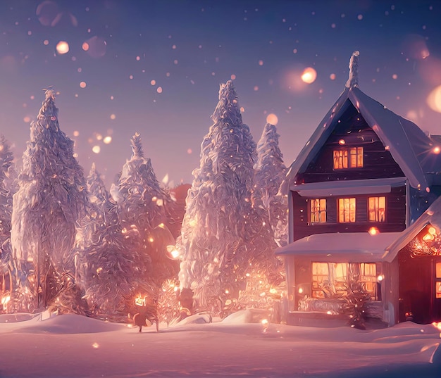 A beautiful outdoor Christmas scene illustration of a Christmas house with snow winter landscape in a village