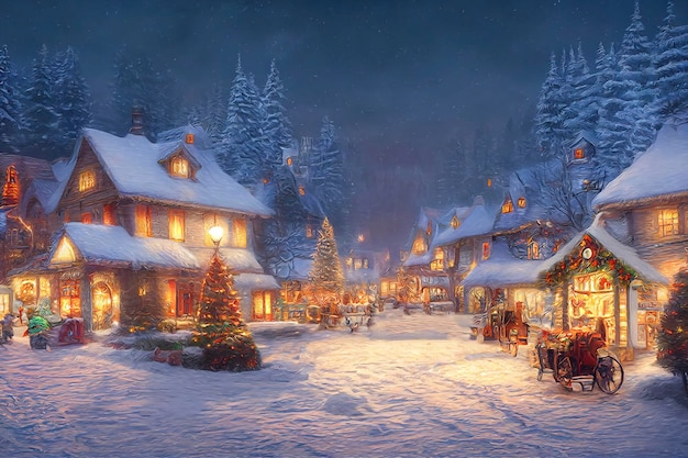 A beautiful outdoor Christmas scene illustration of a Christmas house with snow winter landscape in a village