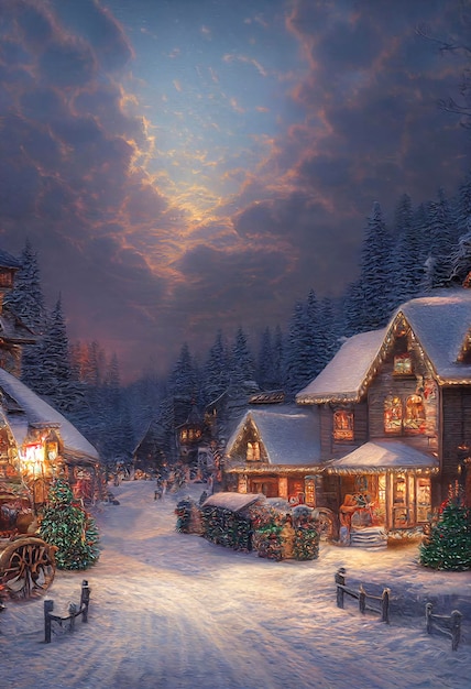 A beautiful outdoor Christmas scene illustration of a Christmas house with snow winter landscape in a village