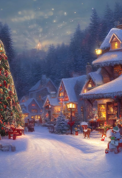 A beautiful outdoor Christmas scene illustration of a Christmas house with snow winter landscape in a village