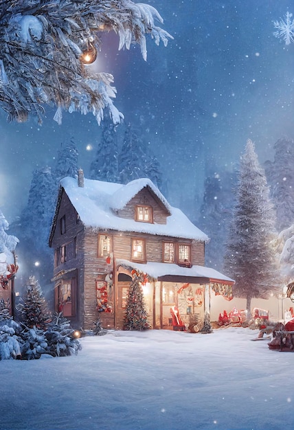 A beautiful outdoor Christmas scene illustration of a Christmas house with snow winter landscape in a village