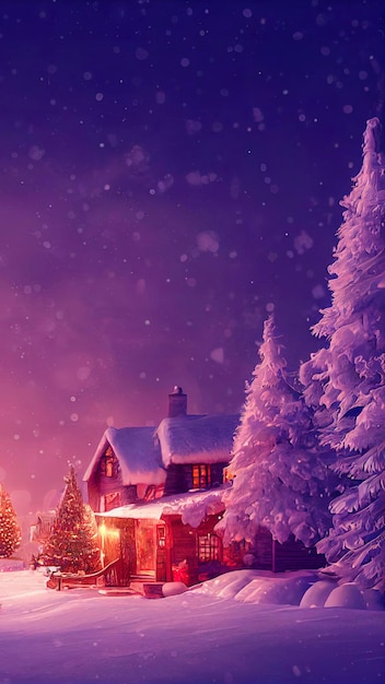 A beautiful outdoor Christmas scene illustration of a Christmas house with snow winter landscape in a village