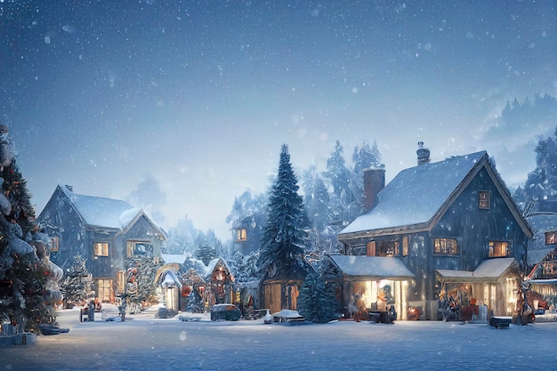 A beautiful outdoor Christmas scene illustration of a Christmas house with snow winter landscape in a village