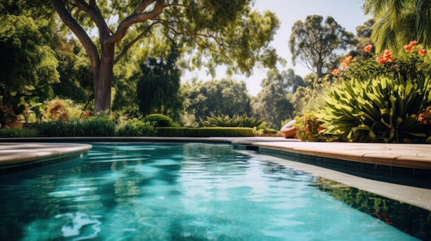 Photo a beautiful outdoor pool surrounded by lush greenery