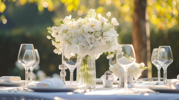Beautiful outdoor table setting with white flowers for a dinner wedding reception or other festive event