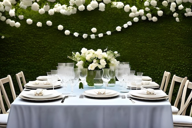 Beautiful outdoor table setting with white flowers for a dinner wedding reception or other festive