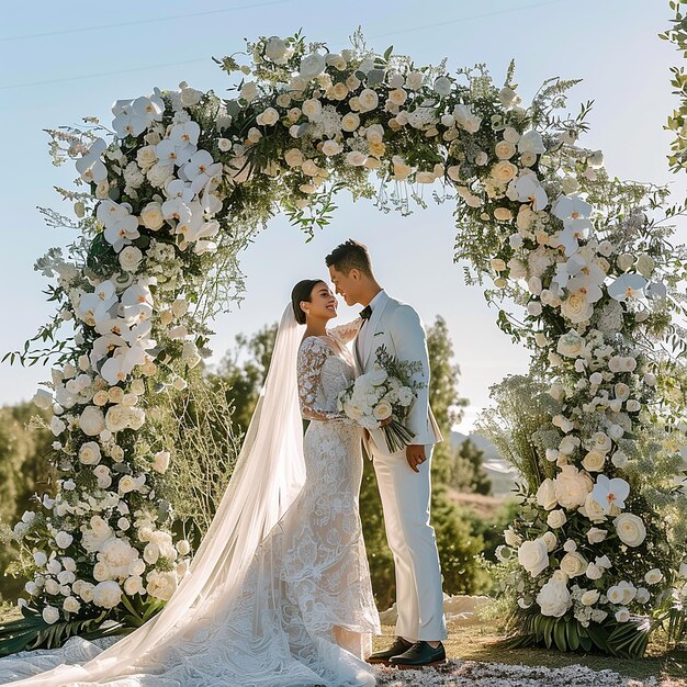 Photo a beautiful outdoor wedding scene featuring a bride and groom standing under a floral arch the arch