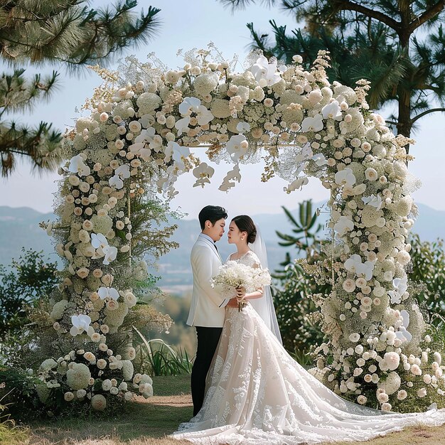 Photo a beautiful outdoor wedding scene featuring a bride and groom standing under a floral arch the arch