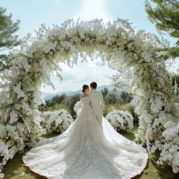 Photo a beautiful outdoor wedding scene featuring a bride and groom standing under a floral arch the arch