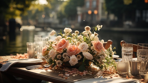 Beautiful outdoor wedding table setting with white flowers