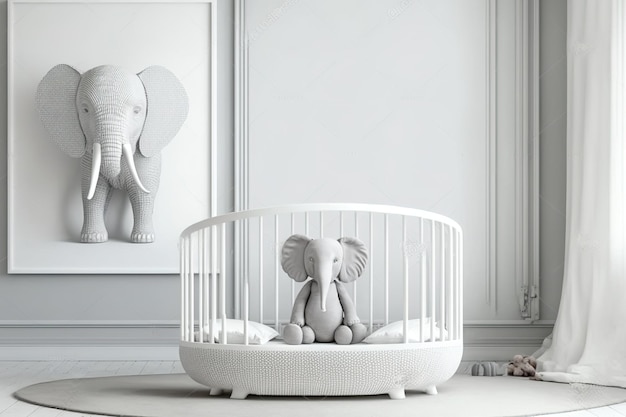 Photo beautiful oval crib faux poster frame and toy elephant