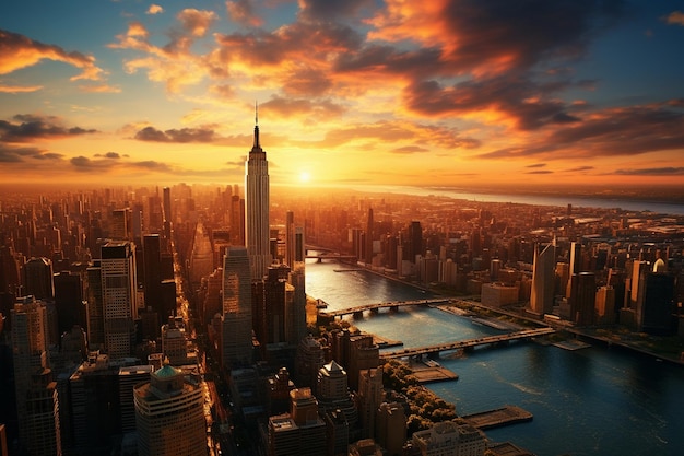 beautiful overhead view of new york city at sunset golden hour