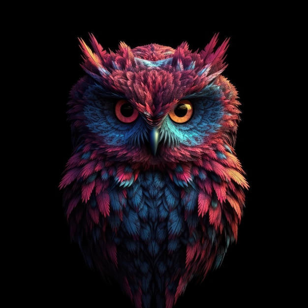 Beautiful Owl In Red Purple Fire On Black Background Generative AI