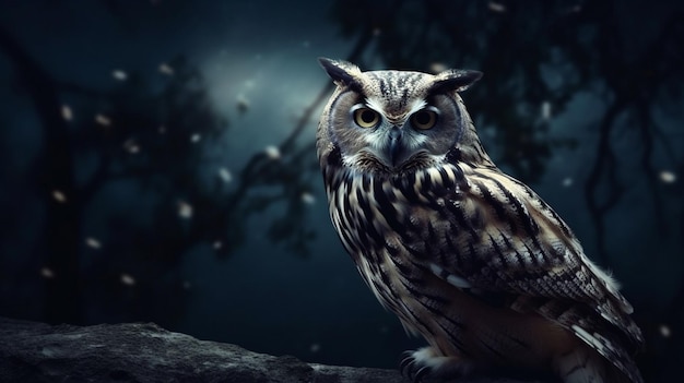 Beautiful owl sitting on a tree in the forest generative ai