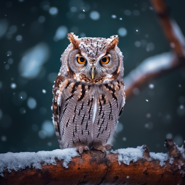 a beautiful owl in snowfall