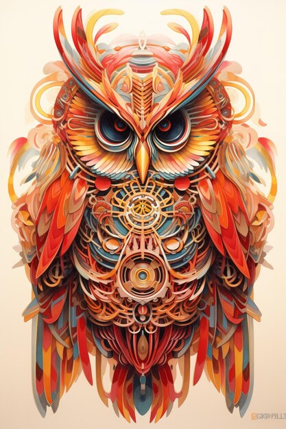 a beautiful owl that has complex designs painted on its wings