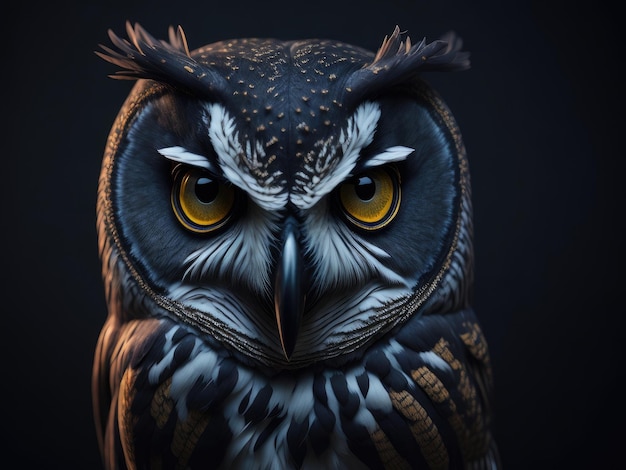 Beautiful owls face on black background ai generative