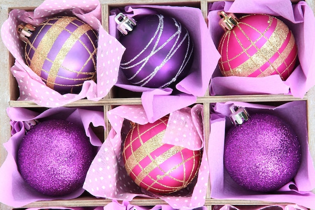 Beautiful packaged Christmas balls, close up