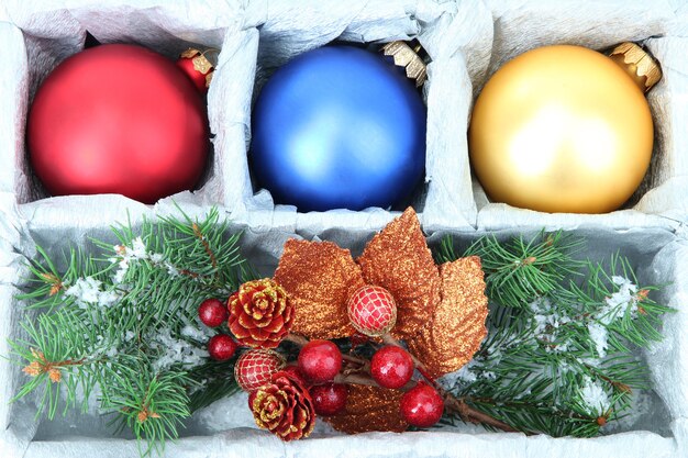 Beautiful packaged Christmas balls, close up