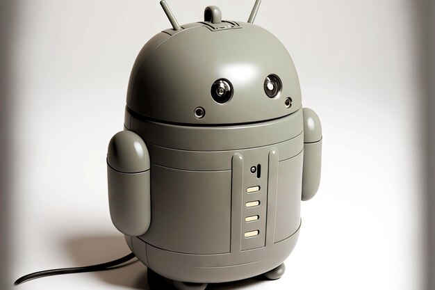 Beautiful painted android robot vacuums android stands on light gray background generative ai