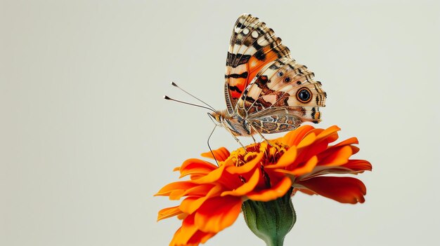 Foto una bellissima farfalla dipinta appollaiata su un fiore di zinnia arancione vibrante