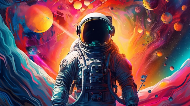 Beautiful painting of an astronaut in in a colorful 3d graphic galaxy background generative ai