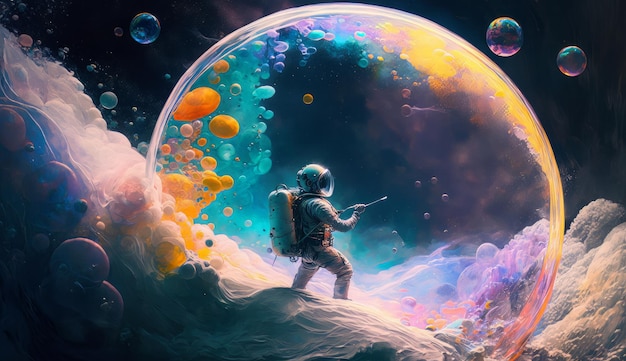 Beautiful painting of an astronaut in a colorful bubbles galaxy