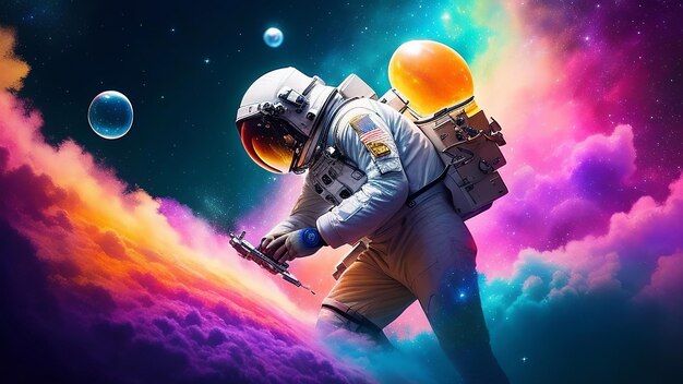 Beautiful painting of an astronaut in a colorful galaxy in spaceman astronauts walk on the moon