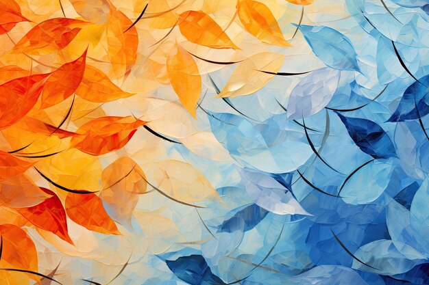 A beautiful painting for an autumn background with orange and blue leaves generative ai