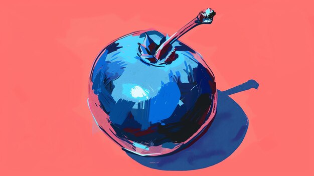 A beautiful painting of a blue apple on a pink background The apple is round and has a stem The painting is simple and elegant