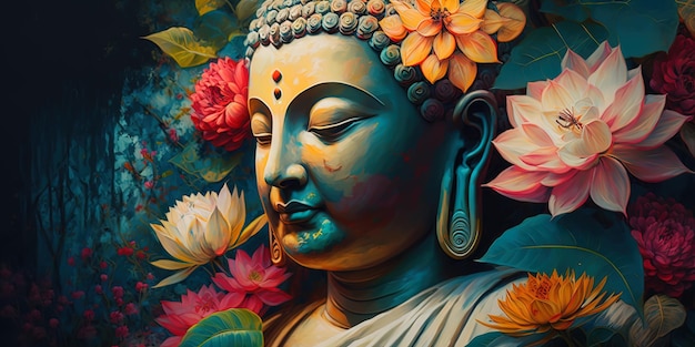 Photo beautiful painting of a buddha flowers all around aigenerated