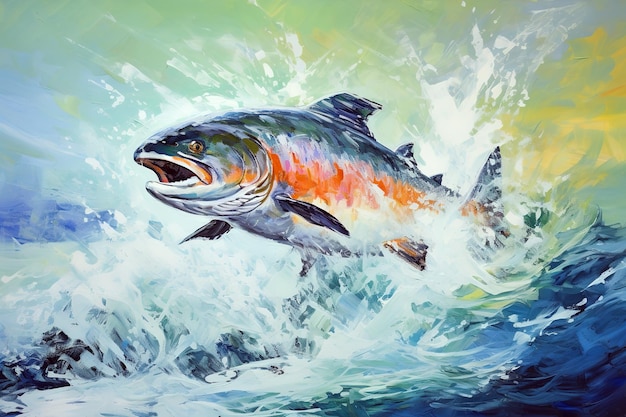 Beautiful painting of coho salmon jumping over water and splashing Wildlife Animals Illustration Generative AI