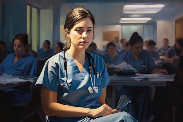 A beautiful painting depicting a nurse sitting in a room capturing the compassion and dedication of nurses in healthcare Portrait of a female medical student wearing scrubs in class AI Generated