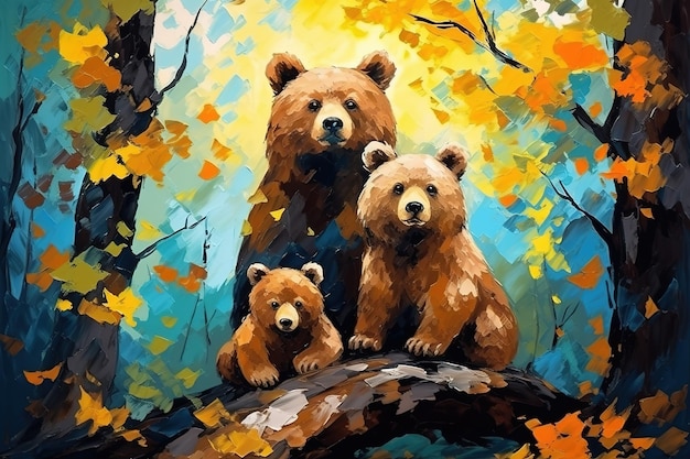 Beautiful painting of a family of bears resting under the trees in the forest Wildlife Animals Illustration Generative AI