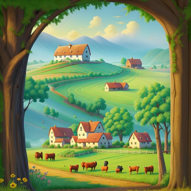 A beautiful painting of the farm countryside animals