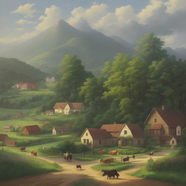 A beautiful painting of the farm countryside animals