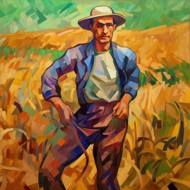 Beautiful painting of a farmer in a rice field