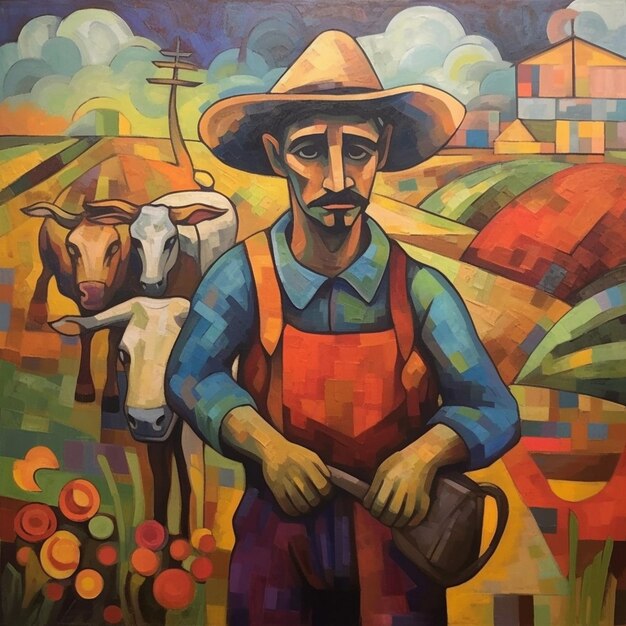 Beautiful painting of a farmer in a rice field