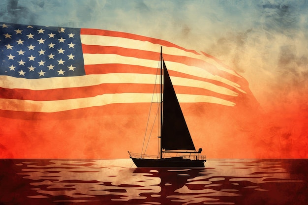 A beautiful painting featuring a sailboat gracefully positioned in front of an iconic American flag Silhouette of a sailboat against the backdrop of the American flag AI Generated