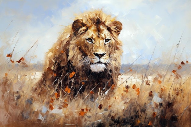 Beautiful painting of a male lion is resting in the middle of the meadow Wildlife Animals Illustration Generative AI
