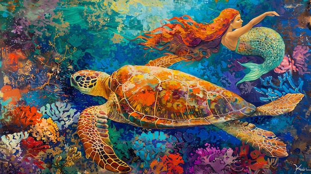 Photo a beautiful painting of a mermaid swimming with a sea turtle the mermaid has long flowing red hair and a green tail