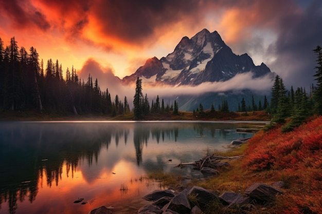 Beautiful Painting of Mountain and Lake Landscape View from Picture Lake of Mount Shuksan while the sunrise breaks through an incoming storm during the fall season AI Generated