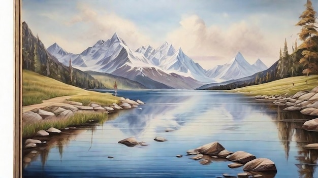 山を背景にした山の湖の美しい絵