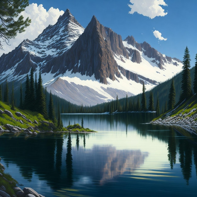 Красивая картина горного озера с горой на заднем плане