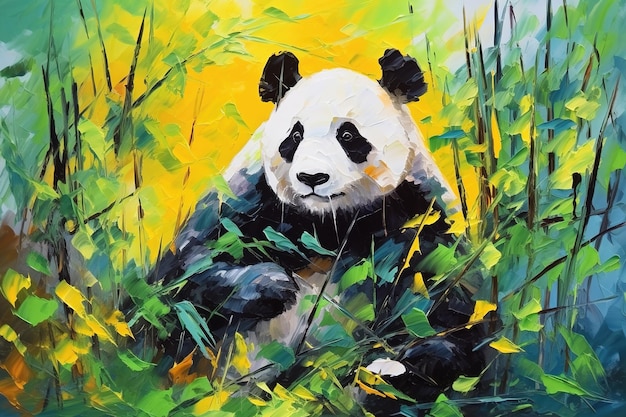 Beautiful painting of a panda resting under the trees in the forest wildlife animals illustration generative ai