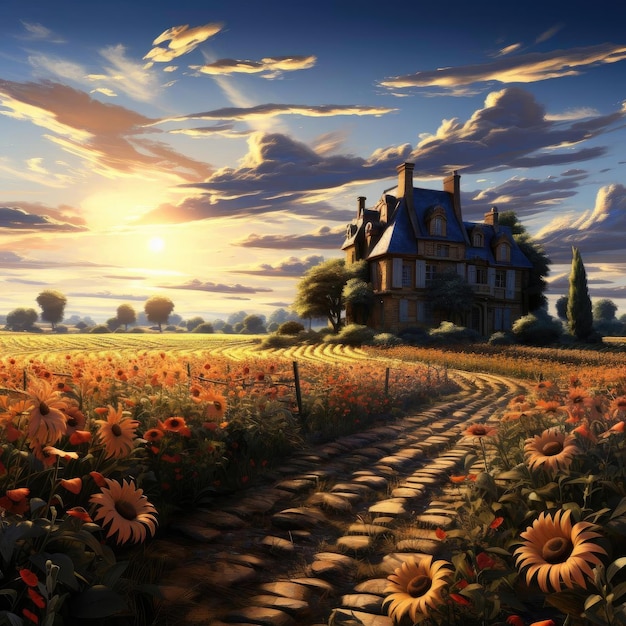 Beautiful paintings of sunflower gardens and picturesque houses
